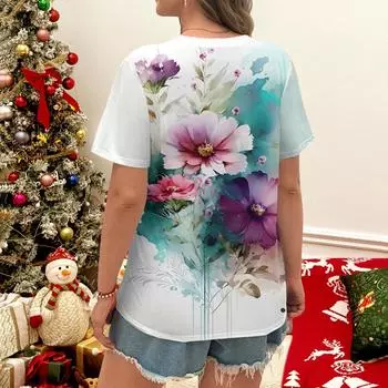 Летняя женская футболка розового, фиолетового и синего цвета с цветочным принтом, акварельный художественный повседневный стиль, короткий рукав XS