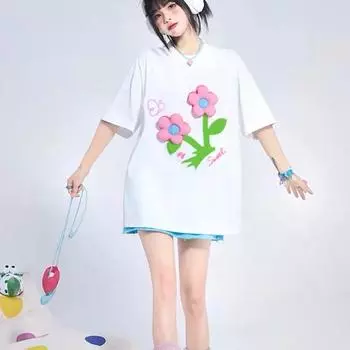 Летняя женская футболка с 3D цветочным дизайном, милая женская футболка с забавным принтом, свободная футболка с короткими рукавами и круглым вырезом onesize чёрный