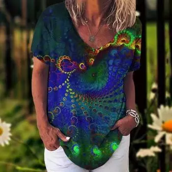 Летняя женская футболка с 3D-цветочным принтом, V-образным вырезом, коротким рукавом, блузка, модные футболки больших размеров, женская одежда, женская футболка Y2k S