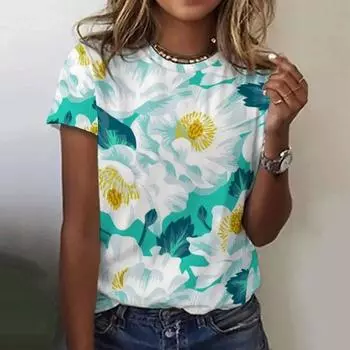 Летняя женская футболка с 3D-цветочным принтом, модные топы, футболки, женская повседневная одежда с коротким рукавом, женская уличная одежда в стиле Харадзюку S