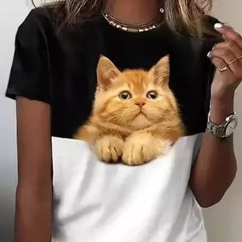 Летняя женская футболка с 3d карманом и принтом кота, женская модная футболка с коротким рукавом и графическим рисунком, милые топы, футболки, забавная одежда 5XL