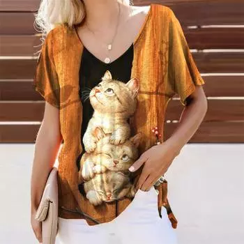 Летняя женская футболка с 3d милым принтом кота, топы, модная повседневная женская одежда с v-образным вырезом, уличная одежда, футболки большого размера для женской одежды 2XL