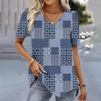 Летняя женская футболка с 3d модным принтом, градиентная футболка Harajuku, футболка большого размера для женской одежды, новый топ с короткими рукавами и v-образным вырезом S