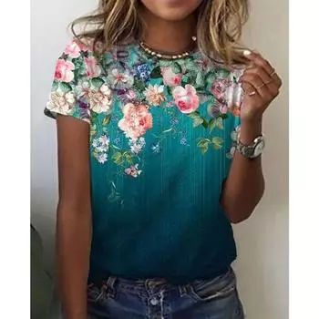 Летняя женская футболка с 3D-печатью, с цветочным рисунком, с круглым вырезом, базовая, синяя, красная, желтая, большого размера XS