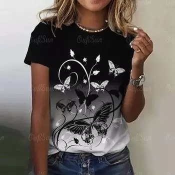 Летняя женская футболка с 3d принтом бабочки и круглым вырезом, повседневная женская футболка, женский топ в стиле Харадзюку, модная одежда с короткими рукавами для девочек S