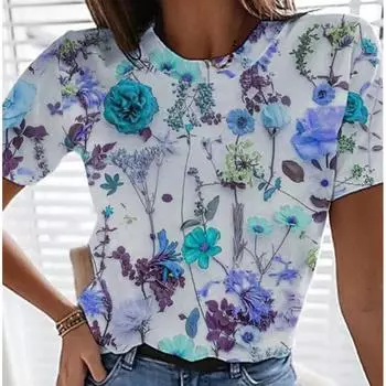 Летняя женская футболка с 3d принтом цветов, повседневные повседневные топы с короткими рукавами, модные футболки с круглым вырезом для женщин, цветочная графика XS