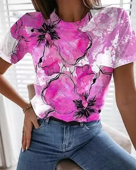 Летняя женская футболка с 3D принтом цветов, модные трендовые топы, женская повседневная одежда с короткими рукавами, элегантные футболки с круглым вырезом для девочек S