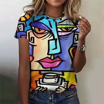 Летняя женская футболка с 3D-принтом и рисунком граффити, с коротким рукавом, большой свободный короткий рукав XS