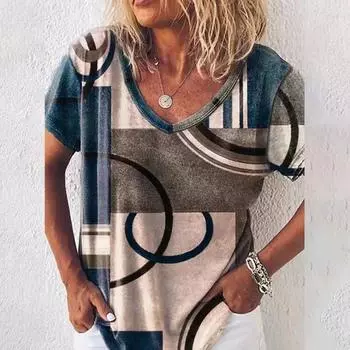 Летняя женская футболка с 3D-принтом и рисунком, повседневная свободная футболка с цветным принтом и V-образным вырезом, базовая футболка, пуловер, женская одежда S