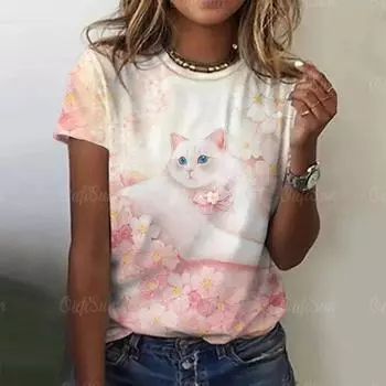 Летняя женская футболка с 3D принтом, милый мультяшный кот, топы с круглым вырезом, футболки, женская модная одежда с короткими рукавами, повседневный стильный наряд XXS