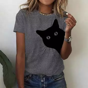 Летняя женская футболка с 3D принтом, модная футболка с милым котом, футболка в стиле Харадзюку с животным, футболка с коротким рукавом и круглым вырезом, женская одежда S