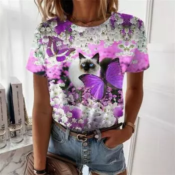 Летняя женская футболка с 3D принтом, модная футболка с милым котом, новинка 2022 года, футболка с короткими рукавами и животными в стиле Харадзюку, оверсайз, одежда Camiseta S