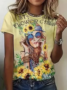 Летняя женская футболка с 3D-принтом «Подсолнух», уличная одежда, повседневная мода 2000 года, футболка с коротким рукавом, футболки с круглым вырезом, топы S
