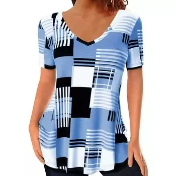 Летняя женская футболка с 3D-шотландкой, элегантным принтом, V-образным вырезом, коротким рукавом, модная женская футболка, женская футболка 2000 года S