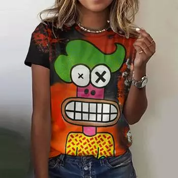 Летняя женская футболка с абстрактным мультяшным принтом Harajuku, винтажный топ с короткими рукавами и круглым вырезом, большой женский дизайн, одежда M