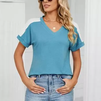 Летняя женская футболка с цветными блоками, футболка с короткими рукавами и v-образным вырезом, удобные свободные топы XXL белый