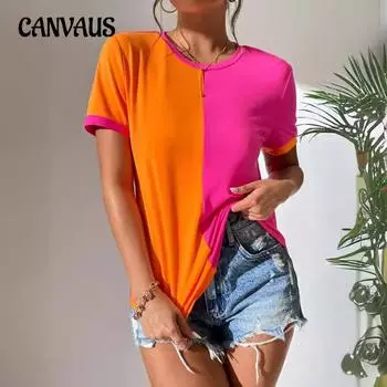 Летняя женская футболка с цветными блоками, простые повседневные универсальные топы с круглым вырезом и короткими рукавами S жёлтый/ярко-розовый