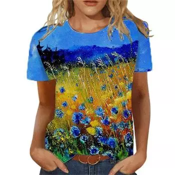 Летняя женская футболка с цветочным 3d принтом, женские модные футболки с цветочным узором, новые эстетические топы, футболка большого размера для девочек S