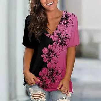 Летняя женская футболка с цветочным принтом, цветные топы с V-образным вырезом, футболки, женская модная одежда с коротким рукавом, женская повседневная одежда S