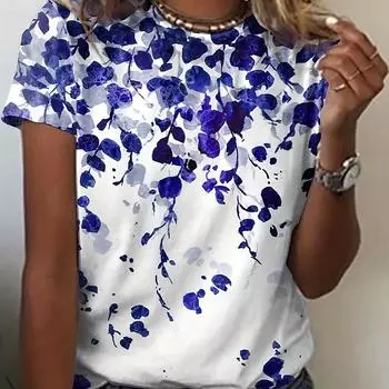 Летняя женская футболка с цветочным принтом и круглым вырезом, повседневная, с коротким рукавом, женская модная одежда S