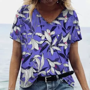 Летняя женская футболка с цветочным принтом, модные топы, футболки, женская повседневная повседневная одежда с V-образным вырезом и коротким рукавом, стильная женская уличная одежда S