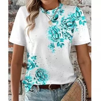 Летняя женская футболка с цветочным принтом, повседневная, праздничная, с 3D-принтом, повседневные футболки с коротким рукавом, модные футболки с круглым вырезом для женщин M