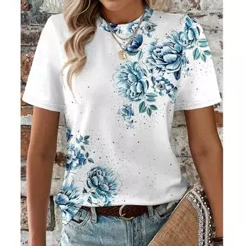 Летняя женская футболка с цветочным принтом, повседневные праздничные футболки с 3d принтом, повседневные футболки с короткими рукавами, модные женские футболки с круглым вырезом XXS