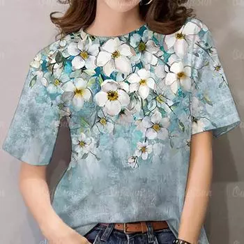 Летняя женская футболка с цветочным рисунком и 3D принтом, повседневный пуловер с короткими рукавами и круглым вырезом для женщин, свободная уличная одежда в стиле Харадзюку S