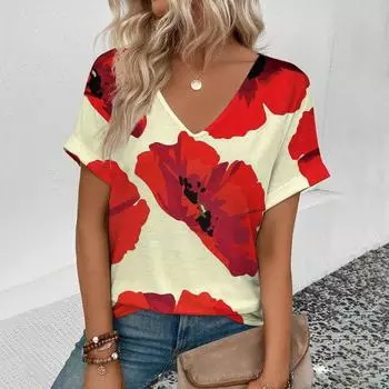 Летняя женская футболка с цветочным узором, модные топы с V-образным вырезом, футболки, женская повседневная стильная одежда с коротким рукавом, повседневный женский наряд S