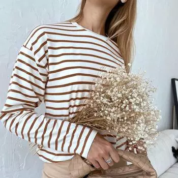 Летняя женская футболка с длинным рукавом и круглым вырезом в полоску S чёрный