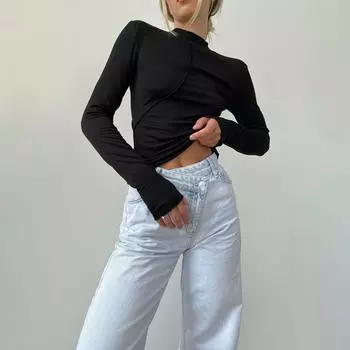 Летняя женская футболка с длинным рукавом и воротником-стойкой, однотонная S белый