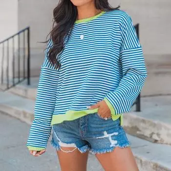 Летняя женская футболка с длинным рукавом и круглым вырезом в полоску S синий