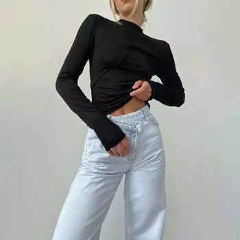 Летняя женская футболка с длинным рукавом и воротником-стойкой, однотонная S чёрный