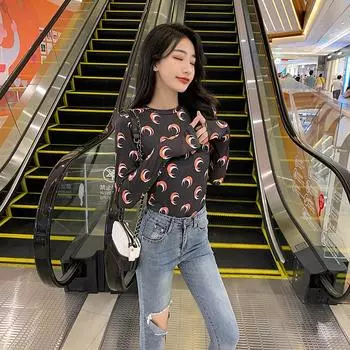 Летняя женская футболка с длинными рукавами и черной подкладкой в стиле Новолуние в Корейском стиле, модная футболка с длинными рукавами и принтом S чёрный