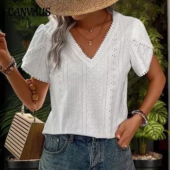 Летняя женская футболка с фактурным v-образным вырезом, белая рубашка, топы с короткими рукавами S белый