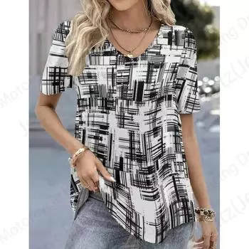 Летняя женская футболка с геометрическим принтом, 3D-принт, женская модная футболка, футболка большого размера с V-образным вырезом, полосатые топы, женская одежда 2XL