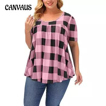 Летняя женская футболка с клетчатым принтом и круглым вырезом, свободные топы из молочного шелка больших размеров XL жёлтый