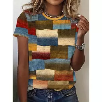 Летняя женская футболка с клетчатым узором и принтом, повседневная, с коротким рукавом, с круглым вырезом, модная уличная одежда свободного покроя, женская, пуловер S