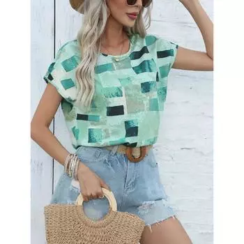 Летняя женская футболка с клетчатым узором и коротким рукавом, модная повседневная рубашка с круглым вырезом, пуловер, забавная женская одежда больших размеров S
