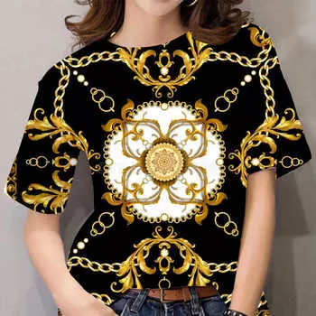 Летняя женская футболка с коротким рукавом, 3D топ, роскошная рубашка в стиле барокко, дизайнерская одежда, женская футболка, повседневный стиль XS