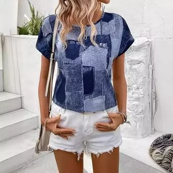 Летняя женская футболка с коротким рукавом и круглым вырезом с принтом S синий