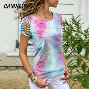 Летняя женская футболка с коротким рукавом и принтом тай-дай с принтом дырок и выжженных цветов L зелёный