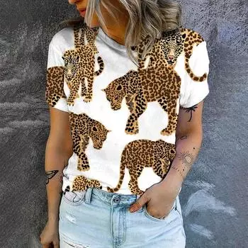 Летняя женская футболка с коротким рукавом и леопардовым принтом в стиле ретро с круглым вырезом, женская одежда, футболка с коротким рукавом, топ высокого качества S