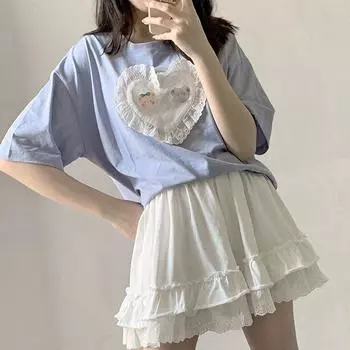 Летняя женская футболка с коротким рукавом Lolita Love Japanese Soft Girl Lace Cute Cos Loli Top T Shirt S синий