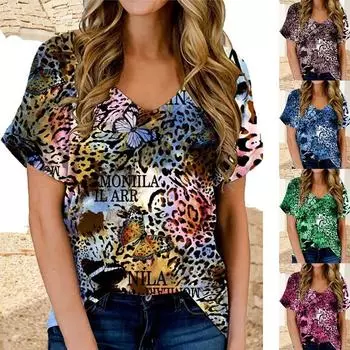 Летняя женская футболка с коротким рукавом с принтом, повседневная футболка с v-образным вырезом и рукавами «летучая мышь», свободный удобный пуловер, топ, уличная одежда, 6 цветов S красный