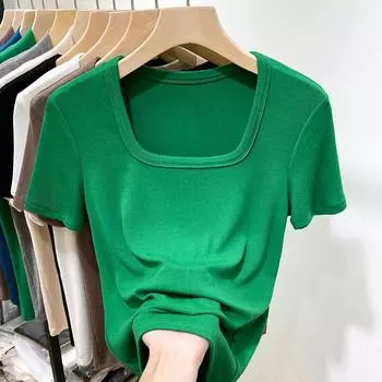 Летняя женская футболка с коротким рукавом, сексуальная тонкая однотонная зелено-белая футболка с черным квадратным воротником, женские футболки для женщин, рубашка с круглым вырезом, уличная одежда M белый