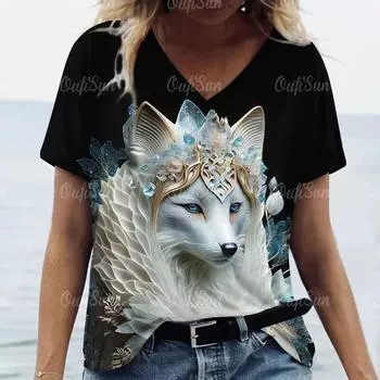 Летняя женская футболка с коротким рукавом, топ, новая одежда с V-образным вырезом, пуловер с 3D принтом животного для уличной одежды, женская футболка XS