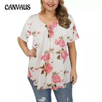 Летняя женская футболка с короткими рукавами и v-образным вырезом на пуговицах плюс размер футболка с принтом