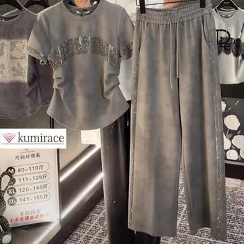 Летняя женская футболка с короткими рукавами и эластичным поясом, украшенная стразами, свободные прямые брюки, комплект из двух предметов для женской одежды XXXXL серый
