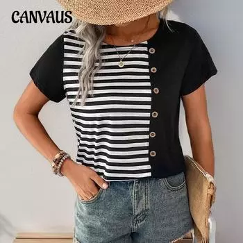 Летняя женская футболка с короткими рукавами, полосатая лоскутная футболка S чёрный